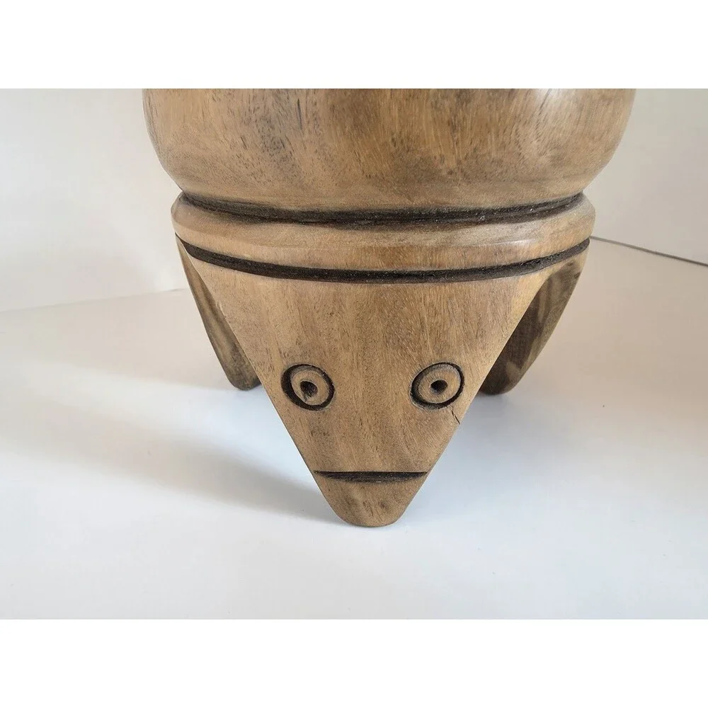 Vintage Hand Carved Wooden Ashtray Tribal Face Folk Art Bowl Catchall Decor